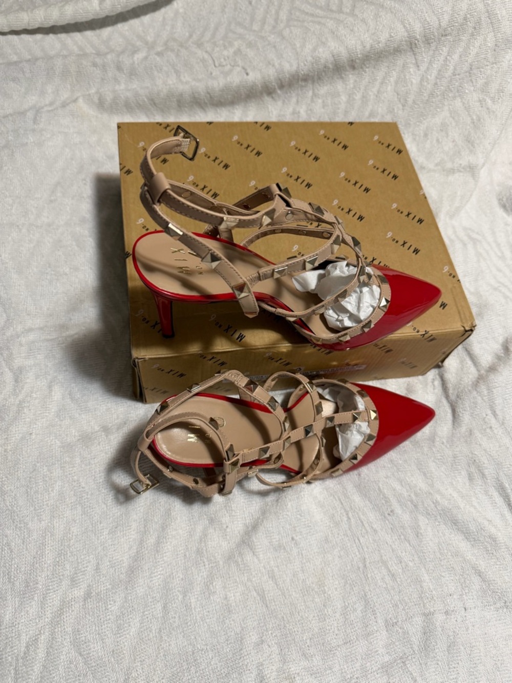Mix No. 6 Red Pointed Toe Studded Strappy Heels with Beige Straps